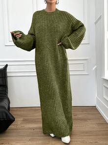 EURMUSE 女式纯色圆领落肩长袖休闲针织连衣裙 - 軍綠色 - 查看 7