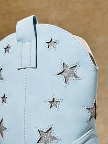 SHUZIA 女式迷人尖头粗跟刺绣西部牛仔踝靴 - 淺藍色 - 查看 5