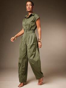 Hauture Bộ đồ liền thân tay ngắn hình thùng cài nút phía trước gợi cảm cho nữ vào mùa hè - màu xanh lá - Xem 1