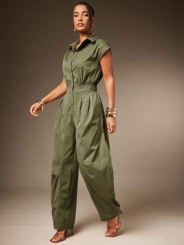 Hauture Macacão Curto de Manga Curta com Gola e Botões na Frente, Estilo Barril, Sexy e Casual, para Verão