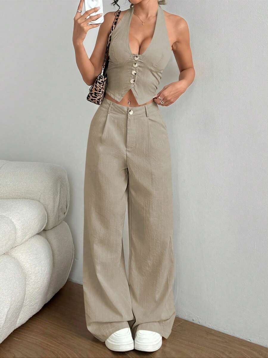 Flirla Petite Set de 2 piezas: Chaleco con atar en el cuello y pantalones rectos informales - Caqui - Ver 1