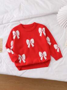 SHEIN Playful Pals 少女厚款白色蝴蝶结圆领套头毛衣，休闲可爱，适合叠穿，也适合秋冬季节、圣诞节、万圣节等派对场合。 - 紅色 - 查看 5