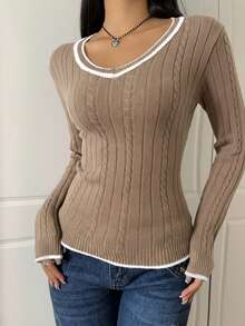 SHEIN EZwear 女士时尚休闲拼色装饰 V 领套头毛衣 秋冬女装 - 卡其色 - 查看 3
