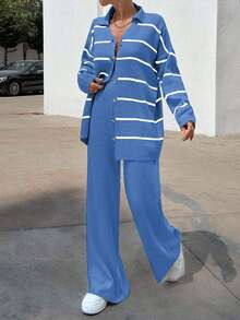 EURMUSE Women Striped Sweater Cardigan And Pant Set - Royal Blue - View 5