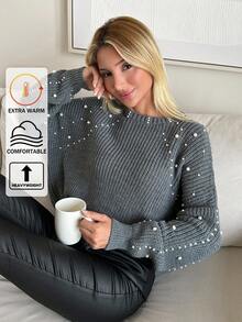 EURMUSE Round Neck Ribbed Pearl Knit Pullover, Casual Daily Wear - Grey - View 1