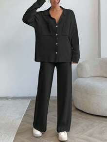 EURMUSE Women Solid Color Collar Neck Front Button Pocket Detailed Pullover & Sweater Pants Set,Winter Clothes - Black - View 7