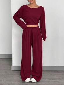 SHEIN EZwear Ensemble Top et pantalon minimaliste de couleur unie pour femme, nouvelle coupe épaule oblique, pour un port quotidien - Rouge foncé - Voir 6
