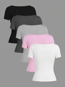 SHEIN EZwear Bộ 5 áo thun nữ cổ tròn tay ngắn màu trơn, kiểu dáng cơ bản, nhiều màu - Hồng - Xem 2