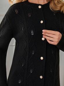 SHEIN Tall Tall Size Women Solid Color Gold Button Detailed Long Sleeve Long Length Casual Cardigan,Petite Cardigans,Cardigans - Black - View 6