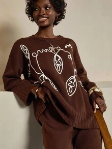 Bóhologie 2pcs Women Embroidered Sweater & Knitted Pants Set, Autumn/Winter Brown Outfits For Women,Co Ord,Petite - Coffee Brown - View 6
