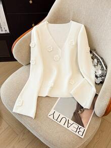 SHEIN Franclia French Handmade 3D Floral V-Neck Long Sleeve Knit Sweater