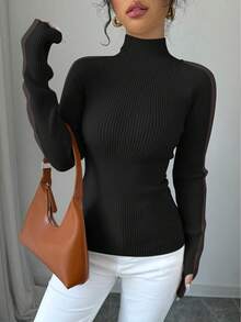 EMERY ROSE Women's Casual Everyday Commute Minimalist Two-Tone Turtleneck Thumb Hole Raglan Sleeve Slim Fit Sweater, Autumn/Winter