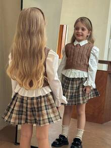 SHEIN Young Girl Ribbed Knit Sweater Vest With Cable Texture, Elegant & Cute, High Quality, Warm & Soft, Versatile For Play, Daily Wear, School, Autumn & Winter,Pairing White Shirt,Back To School Season.College Style,