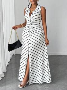Maweii Plus-Size Women's Elegant Party White Casual Striped Knitted Dress With A Twisted Design. - Multicolor - View 7