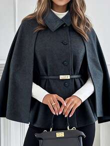 Rafferiza Manteau châle en tweed de couleur unie avec ceinture Shein Raffinea 2025, automne pour femmes, convient pour les sorties et les fêtes en automne et en hiver - Gris foncé - Voir 1