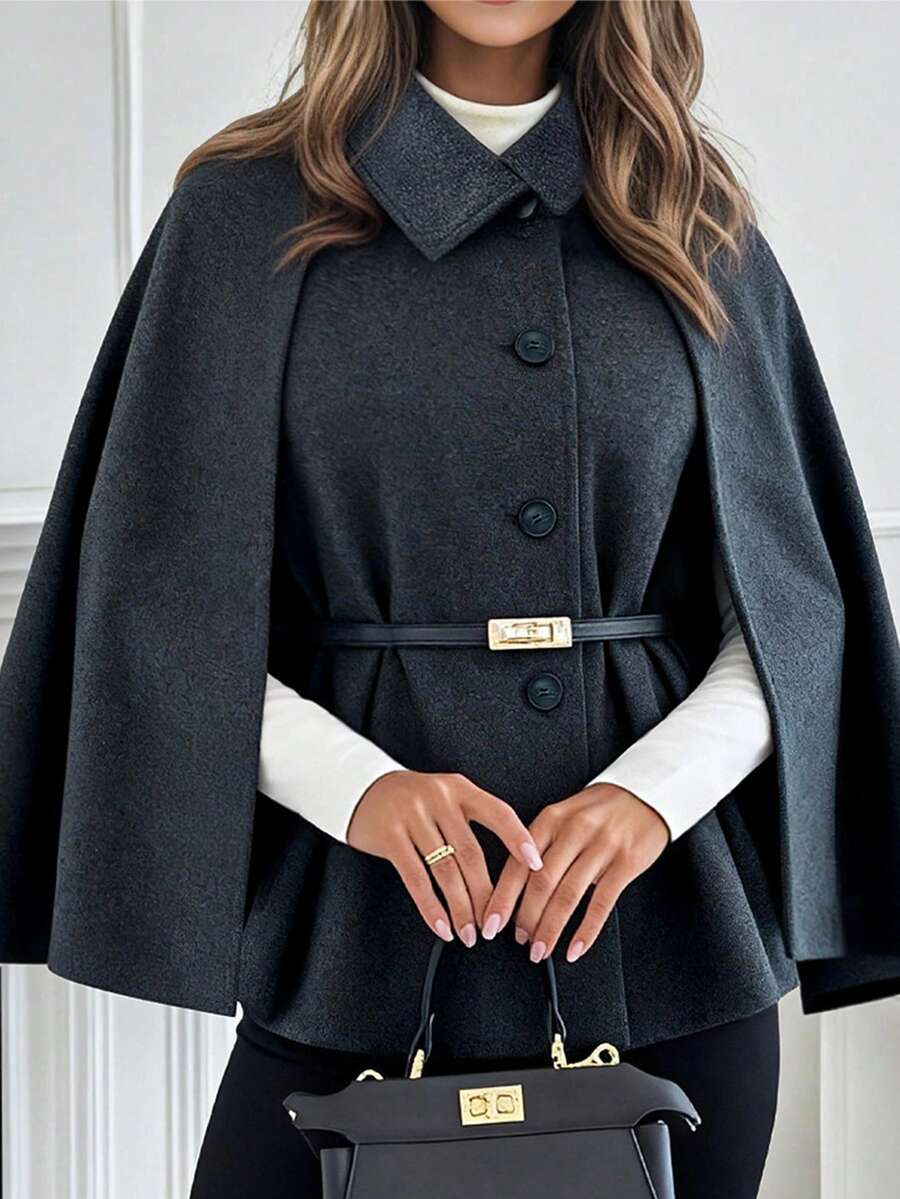 Rafferiza Manteau châle en tweed de couleur unie avec ceinture Shein Raffinea 2025, automne pour femmes, convient pour les sorties et les fêtes en automne et en hiver - Gris foncé - Voir 1
