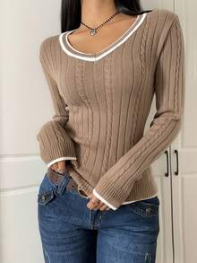SHEIN EZwear 女士时尚休闲拼色装饰 V 领套头毛衣 秋冬女装 - 卡其色 - 查看 5
