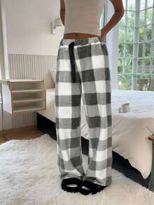 SHEIN EZwear Women's Tie-Waist Fluffy Plaid Print Casual Wide Leg Baggy Pants Comfy Pants Checkered Pants Pajama Pants Gingham Pants Plaid Pants Loungewear,Fall,Fall Clothes For Women - Grey - View 4