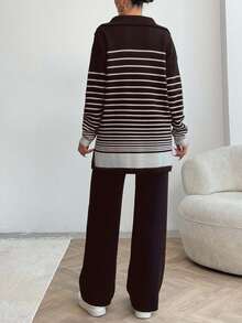 EURMUSE Women Solid Color Asymmetric Stripe Pattern Collar Neck Zipper Drop Shoulder Pullover & Sweater Pants Set, Petite, Winter Clothes - Brown - View 2