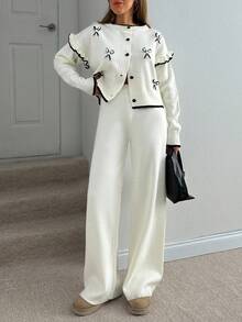 EURMUSE French Sweet Style Knit Cardigan Sweater Jacket For Women, With Embroidered Design, Paired With Flare Leg Pants, Autumn,Loungewear Set,Winter Co Ord Set,Co Ord,Winter Clothes,Knitted Co Ord Set - White - View 6