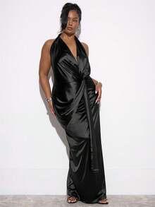 MUSERA Plus Size Halter Neck Knot Detail Sleeveless Satin Look Maxi Dress  Winter, Going Out, Night Out, Sexy, Curve, Birthday, Allure Party,  Party, NYE, Occasion  Party Elegant  Chic Festive, Holidays - Black - View 4