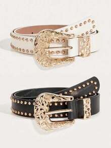 1pc Gold Rivet Studded Sexy & Fashion Y2K PU Leather Belt, Hollow Out Waist Belt With Cowboy Buckle For Women, Suitable For Daily Wear Fall, Autumn, Halloween