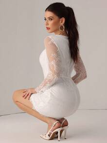 Poshira 高端法式复古优雅白色蕾丝荷叶边腰身长袖连衣裙 - 白色 - 查看 3