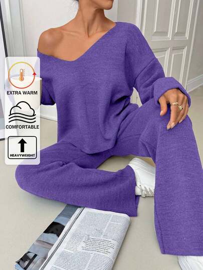 SHEIN Damski luźny, wygodny, ciepły, gruby, dwuczęściowy komplet swetrów z podwójnym rękawem i dekoltem w serek