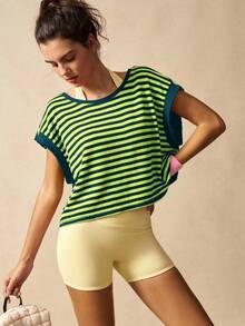 VARSIVA Áo thun thể thao tay ngắn cổ tròn hở lưng họa tiết sọc mùa hè - Nhiều màu - Xem 2