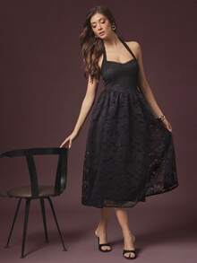 L'Amorae 女式蕾丝中长连衣裙，配雪纺肩带，节日鸡尾酒会礼服秋季婚礼宾客返校节 - 黑色 - 查看 3