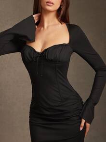 L'Amorae Women Contour Knit Corset Maxi Dress With Sweetheart Neckline And Lace Detail - Black - View 3