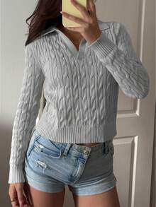 Flirla Women's Casual Drawstring Long Sleeve Knit Sweater, Light Yellow, Autumn/Winter - Grey - View 3