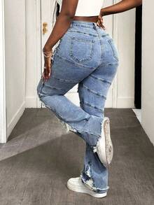 SHEIN SXY 加大码女式牛仔风格破洞秋季 Y2K 宽松破洞牛仔牛仔裤 - 淺色水洗藍 - 查看 2