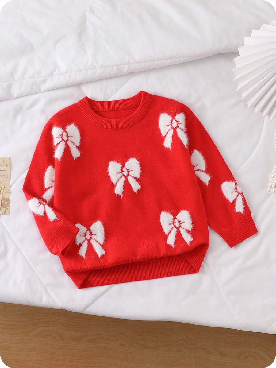 SHEIN Playful Pals 少女厚款白色蝴蝶结圆领套头毛衣，休闲可爱，适合叠穿，也适合秋冬季节、圣诞节、万圣节等派对场合。 - 紅色 - 查看 1