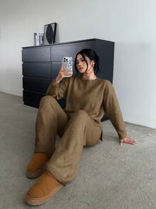 POPSWAY Conjunto de pantalones anchos y de manga larga de punto versátil, suave y favorecedor para uso casual - Marrón - Ver 1