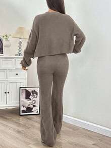 SHEIN EZwear 秋冬女士休闲纯色宽肩带开衫和抽绳腰喇叭裤两件套 - 咖啡棕 - 查看 2