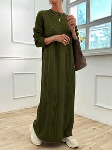 EURMUSE Vestido suéter de cuello redondo con caída de hombros y patrón de cable - Verde Oscuro - Ver 9