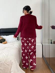 Plus Size Butterfly Flannel Long Sleeve Top & Long Pants Fluffy Pajama Set, Cozy Winter Clothes - Red - View 2