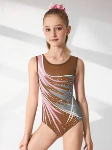 SHEIN Tween Girls Printed Stretchy Sleeveless Leotard, Multicolor, Suitable For Gymnastics, Sports Competitions, Daily Training, Vibrant Print, Comfortable Athletic Wear