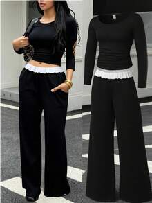 SHEIN Set de 2 piezas: Camiseta de manga larga de color negro sólido y pantalón de chándal de color contrastante para adolescentes, conjunto básico y versátil adecuado para ir al trabajo, la escuela, uso diario casual, viajes, actividades al aire libre, fiestas, otoño/invierno