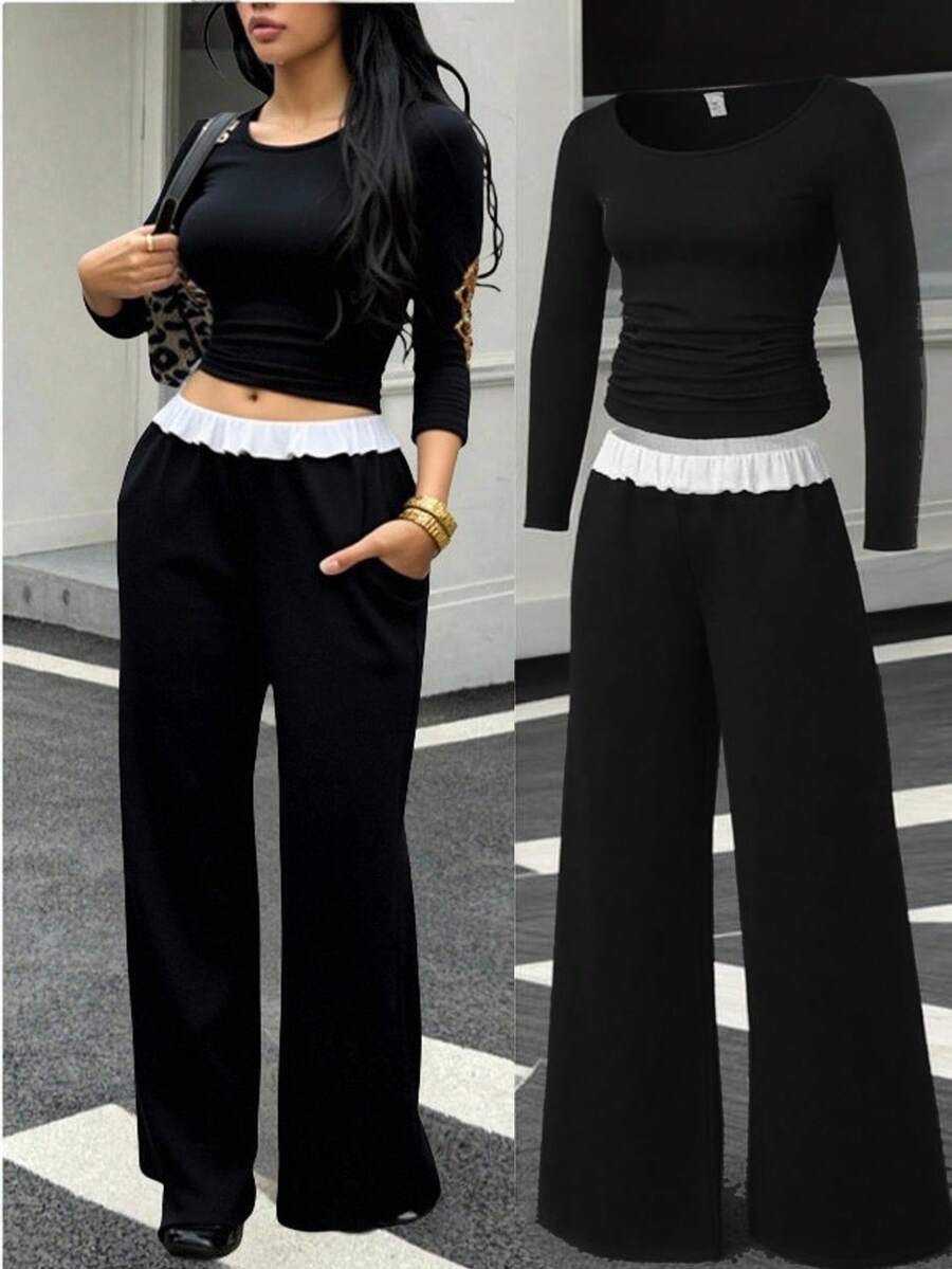 SHEIN Set de 2 piezas: Camiseta de manga larga de color negro sólido y pantalón de chándal de color contrastante para adolescentes, conjunto básico y versátil adecuado para ir al trabajo, la escuela, uso diario casual, viajes, actividades al aire libre, fiestas, otoño/invierno