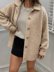 SHEIN EZwear 秋冬浅卡其色毛绒女大衣 - 杏色 - 查看 5