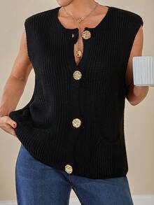 EURMUSE 2 pièces Gilet tricoté avec détails de boutons dorés pour femmes - Noir et Blanc - Voir 7
