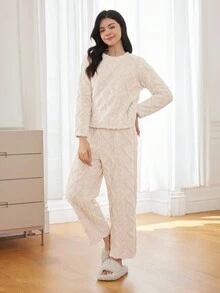 Tween Girl Autumn/Winter Sweet Minimalist Crew Neck Long Sleeve Top And Soft Cozy Fleece Lounge Pants 2 Pieces Pajama Set, Sibling Outfits (2 Pieces Sold Separately) Women 2 Piece Pajama Set Soft Pajamas Set Two Piece Sleepwear Set Pajama Set For Woman Knit Matching Set Knit Lounge Set Sleep Wear Women 2 Piece Set Tween Matching Set Knit - Beige - View 5