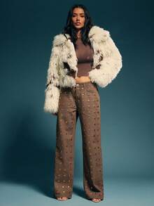 Denimoi Gold Studded Detail Straight Leg Denim Jeans, Fashionable, Fall And Winter - Brown - View 3