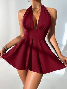 Mistrie Black Tight-Fitting Romper With Deep V-Neck, Backless Strap - Red - View 3