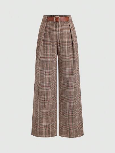 Sweetra Women's Autumn Pleated Elegant Belt Loop Casual Straight Leg Plaid Pants