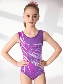 SHEIN Tween Girls Printed Stretchy Sleeveless Leotard, Multicolor, Suitable For Gymnastics, Sports Competitions, Daily Training, Vibrant Print, Comfortable Athletic Wear