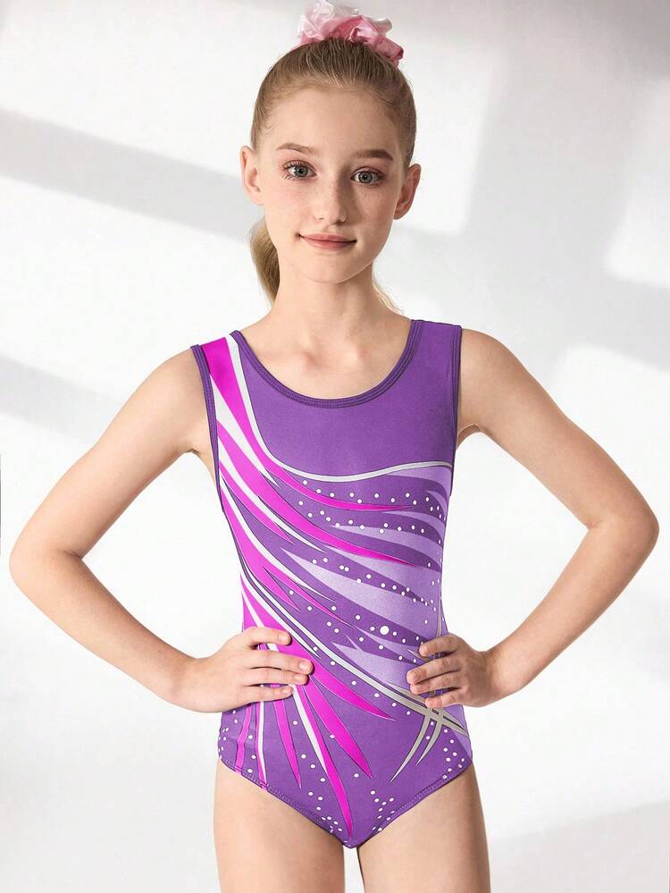 SHEIN Maillot sin mangas estampado y elástico para niñas preadolescentes, multicolor, adecuado para gimnasia, competiciones deportivas, entrenamiento diario, estampado vibrante, ropa deportiva cómoda - Multicolor - Ver 4