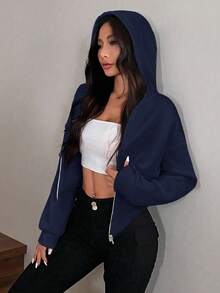 SHEIN EZwear 秋冬季拉链不对称下摆短款卫衣，深蓝色上衣，宝蓝色上衣，女式藏蓝色衬衫，女式藏蓝色上衣，性感女式衬衫 - 藏蓝色 - 查看 4